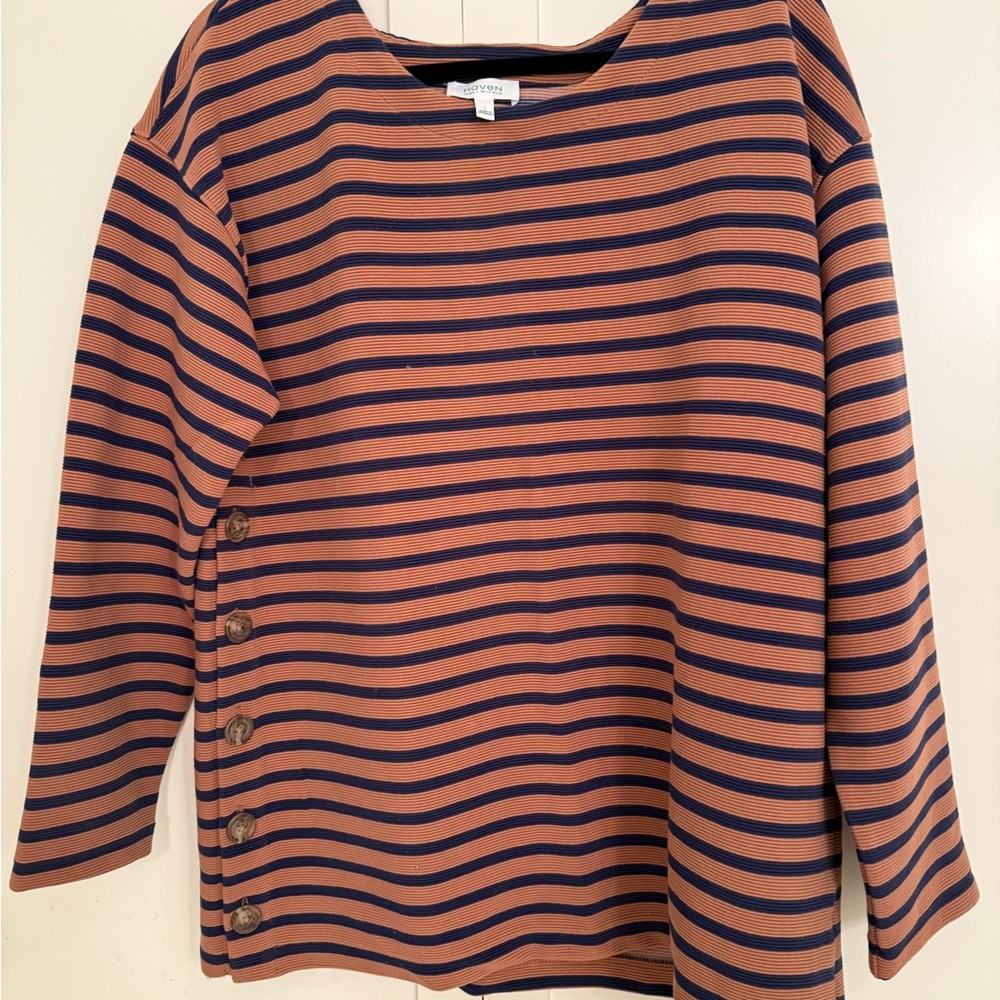 Talbots Tan/black 3/4 Sleeve Boxy Ottoman rib top